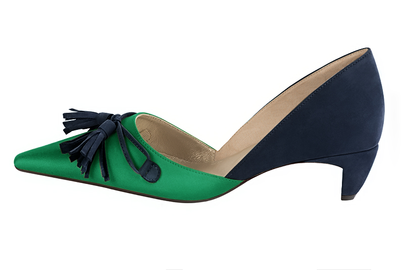 Emerald green and navy blue women's open arch dress pumps. Pointed toe. Low comma heels. Profile view - Florence KOOIJMAN